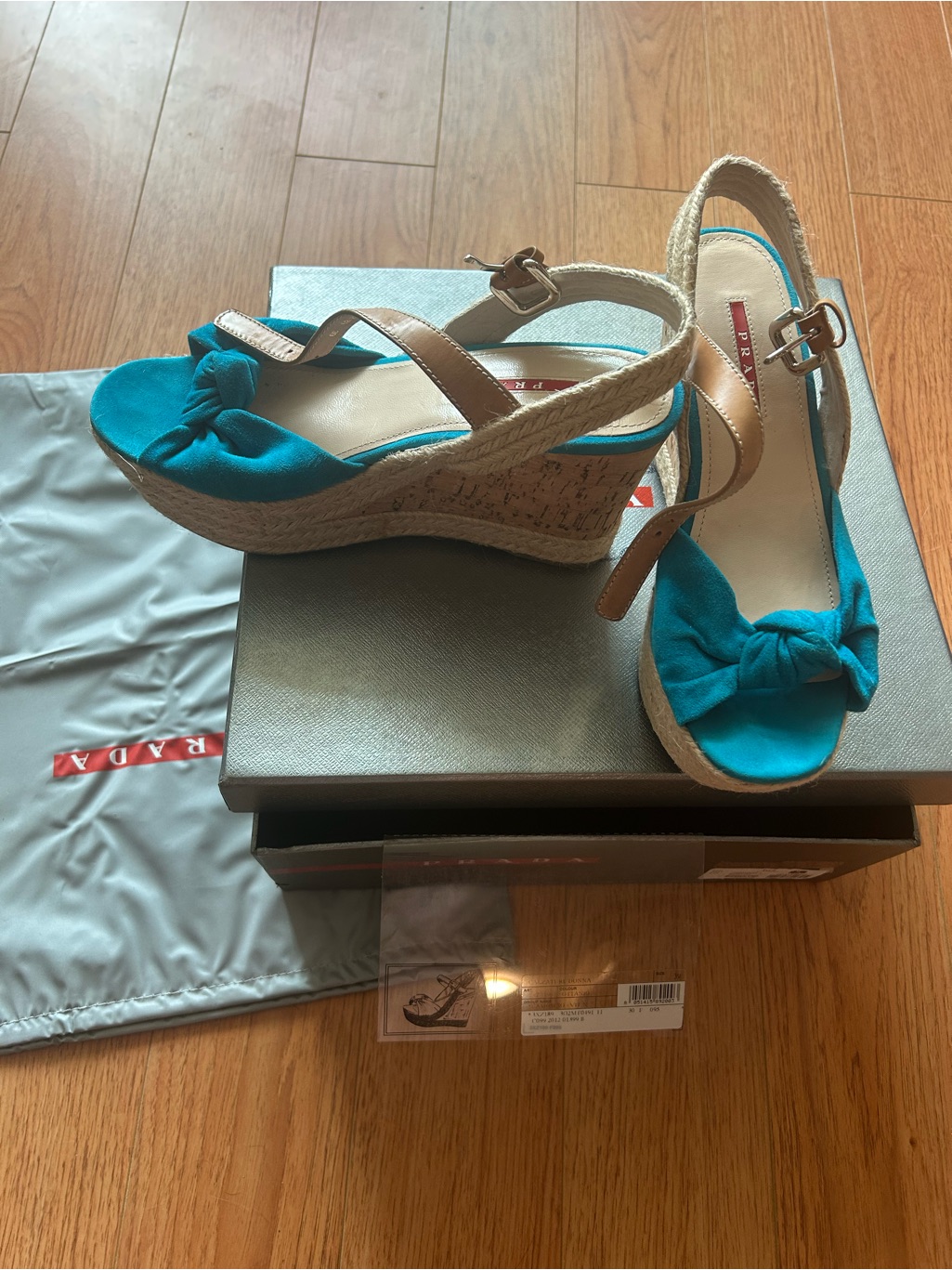 Prada Turquoise Bow Wedge Sandals With Tan Straps
